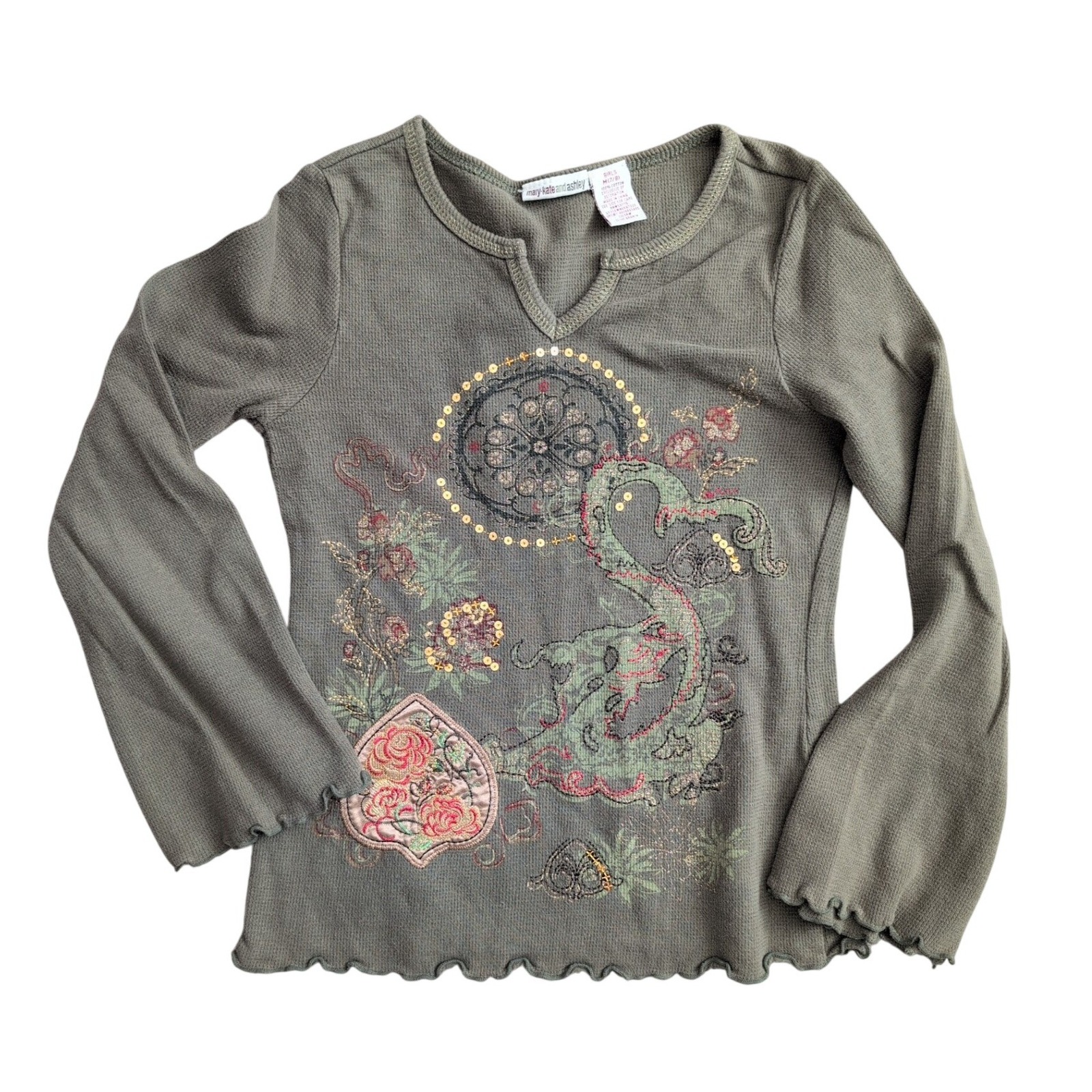 Y2k Vtg Mary Kate &Ashley Girls Green Thermal Dragon Asian Long Sleeve Top M 7 8